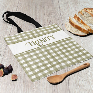 Tote Bag Sage Green En vichy Plaid Personnalisé