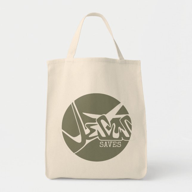 Tote Bag Sage Green Jesus Saves Graffiti (Devant)