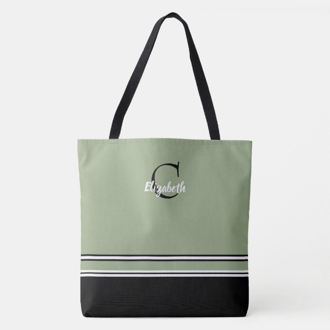 Tote Bag Sage Green Monogram Stripes Personalized  (Devant)