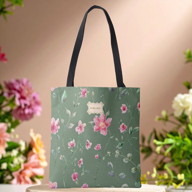 Tote Bag Sage Green pink Flowers pattern Trendy Classic (Créateur téléchargé)