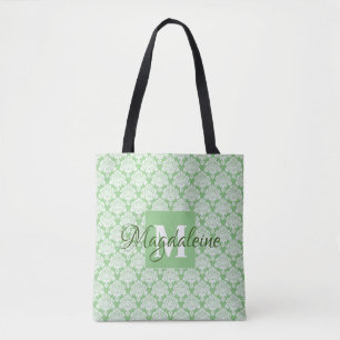 Tote Bag Sage Vert & Blanc Frilly Damask Monogramme