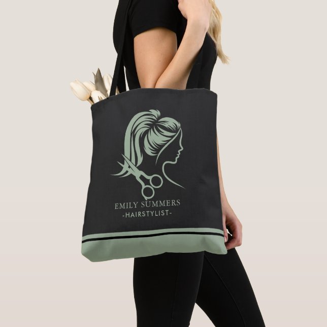Tote Bag Sage vert cheveux styliste logo texte personnalisé (De près)