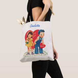 Tote Bag Saint-Valentin Rétro, Cœurs de Fille et de Garçon