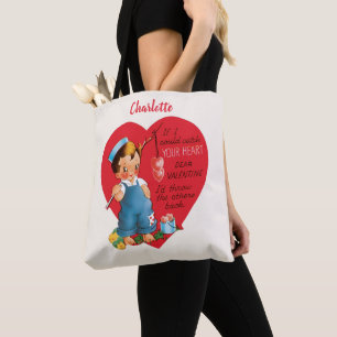 Tote Bag Saint-Valentin Rétro, Garçon Rétro Pêchant des Cœu