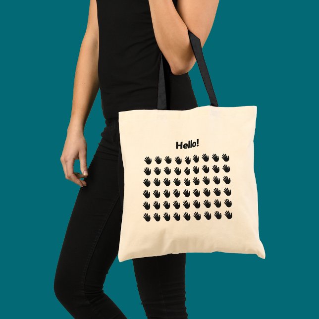 Tote Bag Salutation amicale avec motif de main qui s'agite  (Tote bag from the "Just Wave" collection by Wave & Walk has a pattern of waving hands and a Hello.)