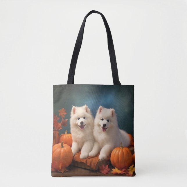 Tote Bag Samoyed Chiot Automne Citrouille de plaisir (Devant)