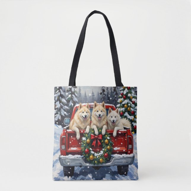 Tote Bag Samoyed Christmas Red Truck Holiday (Devant)