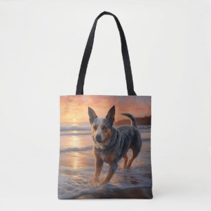 Tote Bag Sandy Paws Australian Cattle Dog on Beach Sunset