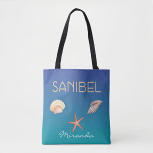 Tote Bag Sanibel avec coquillages sur bleu et nom personnal