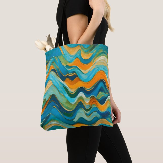 Tote Bag "Sanlúcar" Vagues bleu vert orange (De près)