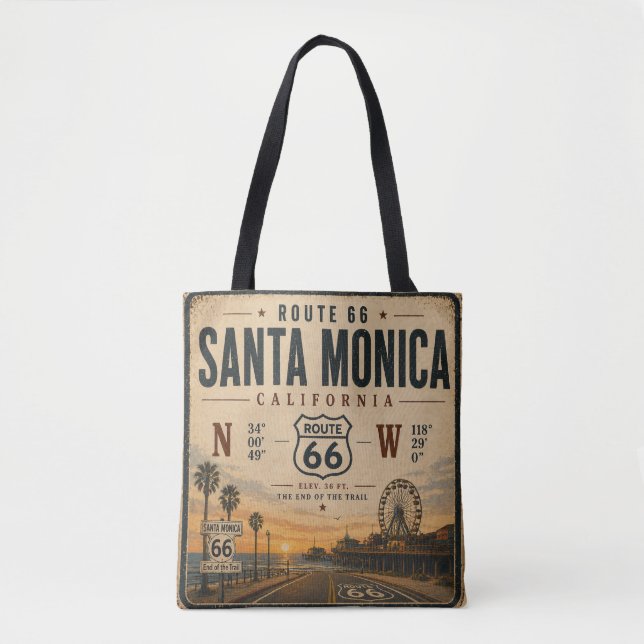 Tote Bag Santa Monica Route 66 Coordonnées Plage (Devant)