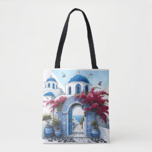Tote Bag Santorin Eglise Mariage bleu Anniversaire Personna