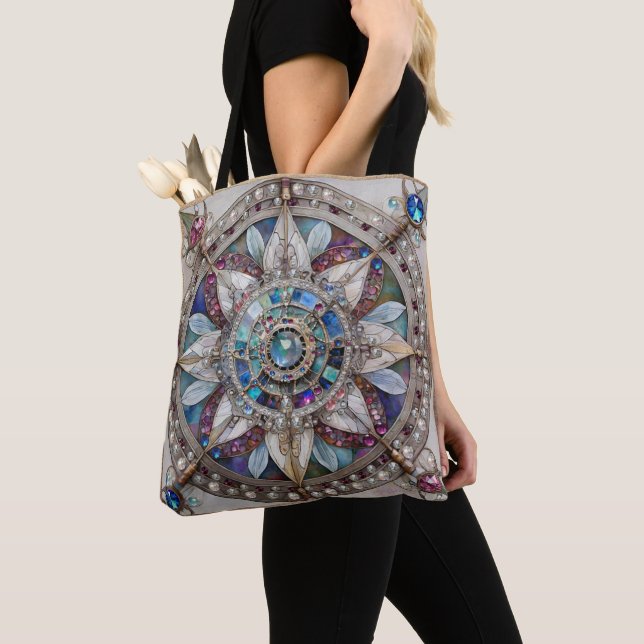 Tote Bag Saphirs roses et bleus Diamants Perles Mandala (De près)