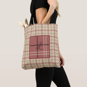 Tote Bag Saumon et crème Plaid Élégant