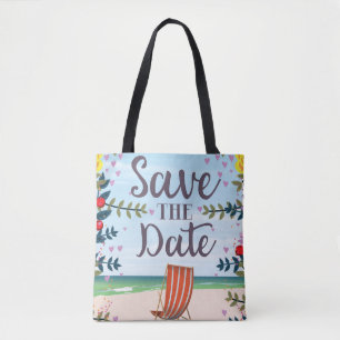 Tote Bag Sauvegarder la date vintage plage et chaise de pon