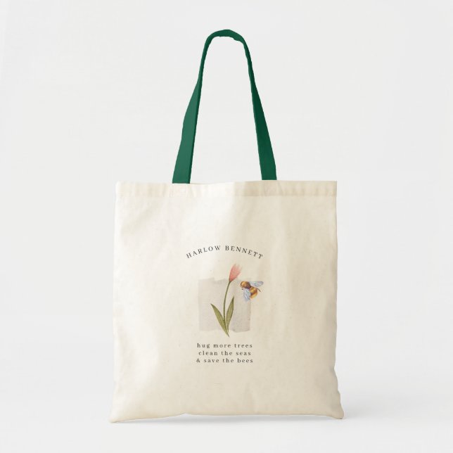 Tote Bag Sauvez les abeilles | Monogramme floral aquarelle (Devant)