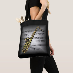 Tote Bag Saxophone ~ 3D Partition Partielle ~ Gris/Noir Cou