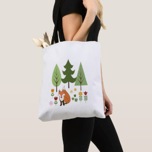 Tote Bag Scandinavian Style Fox Flowers Trees Illustration