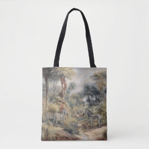 Tote Bag Scène botanique de zèbres dans une oasis