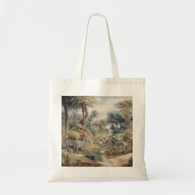 Tote Bag Scène botanique de zèbres dans une oasis (Devant)