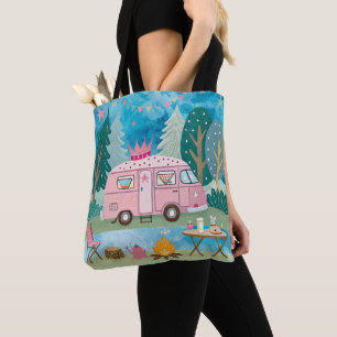 Tote Bag Scène de camping Whimsical Pink Camper Van Camping