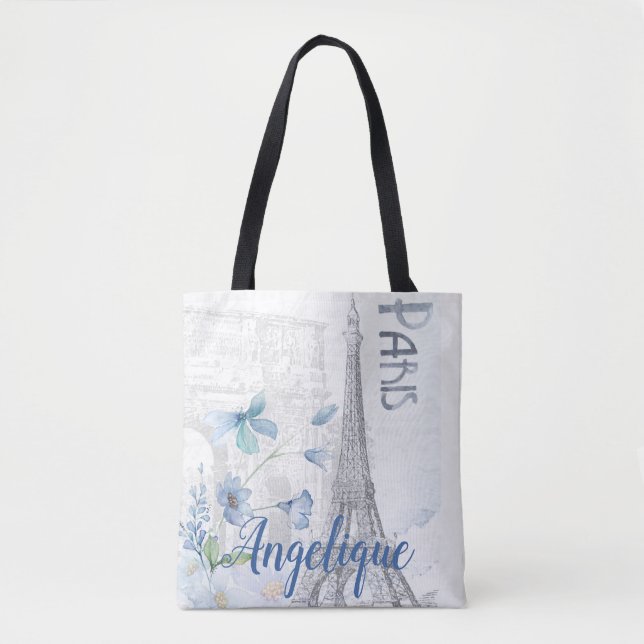 Tote Bag Scène de Paris et fleurs bleues sur mesure (Devant)