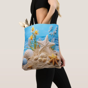 TOTE BAG SCÈNE DE PLAGE PAISIBLE AVEC COQUILLAGES