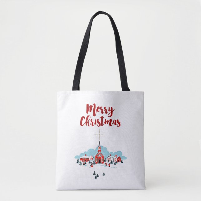Tote Bag Scène d'hiver avec une église rouge et l'étoile de (Devant)