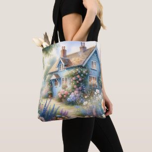 Tote Bag Scène florale de maison bleue de jardin de campagn