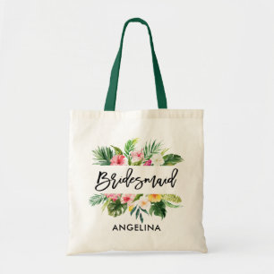 Tote Bag Script de brosse moderne Tropical Green Bridesmaid