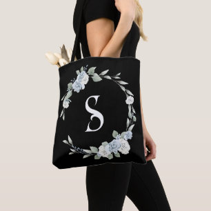 Tote Bag Script de couronne bleu foncé Monogramme initial N