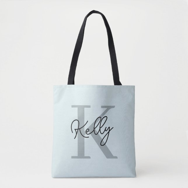 Tote Bag Script de Monogramme bleu aquatique moderne (Devant)