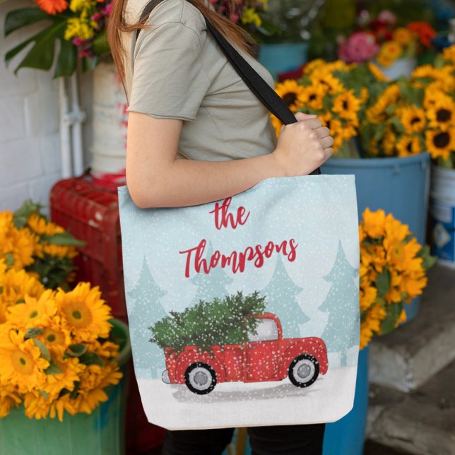 Tote Bag Script de Noël Chariot rouge personnalisé (Christmas tree classic red truck customized tote bag)