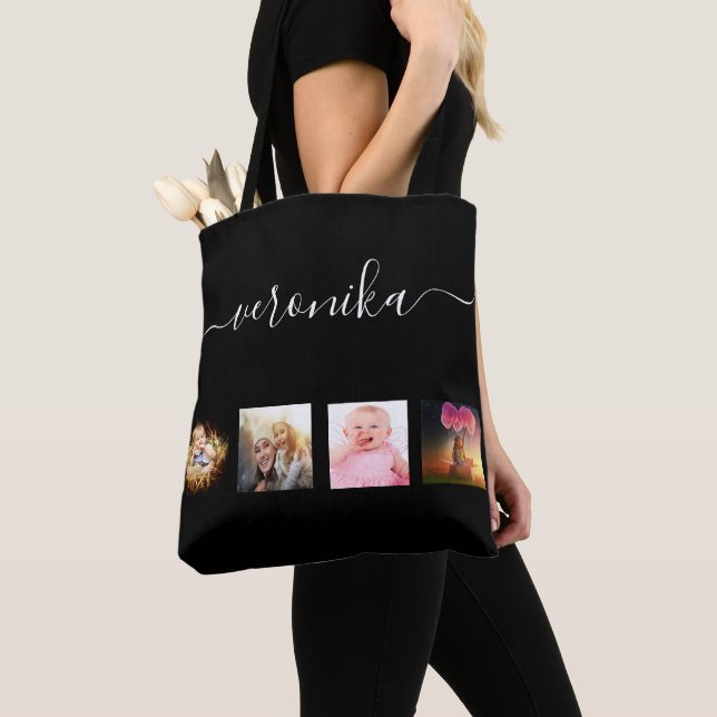 Tote Bag Script de nom de collage photo noir (De près)