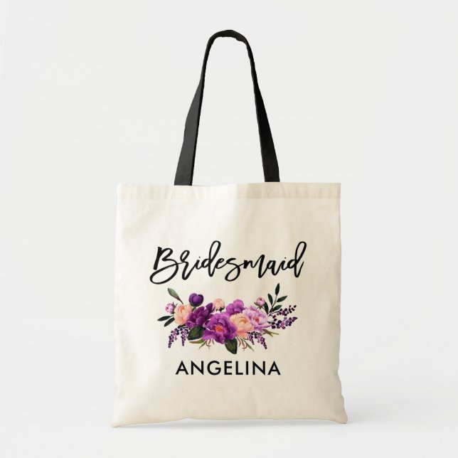Tote Bag Script de pinceau moderne Bridesmaid Floral violet (Devant)