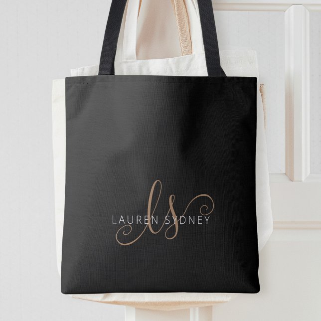 Tote Bag Script féminin Black Gold moderne Monogramme (Créateur téléchargé)