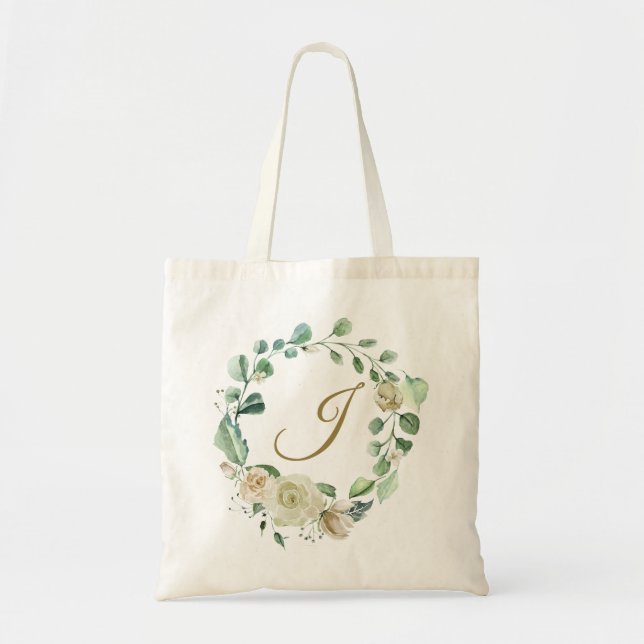 Tote Bag Script Monogramme Crem Rose Mariage Floral Wreath (Devant)