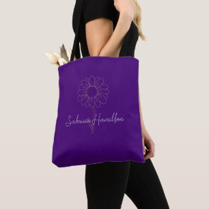 Tote Bag Script Personnalisé Jolie Marguerite Violet Élégan