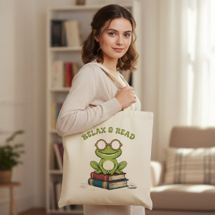Tote Bag Se détendre & Lire Grenouille Mignonne sur des Liv