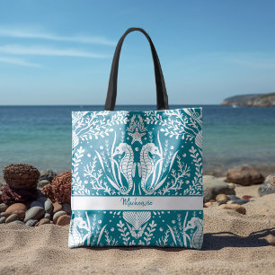 Tote Bag Seahores Ocean Sea Life Turquoise Blue Ajouter Vot