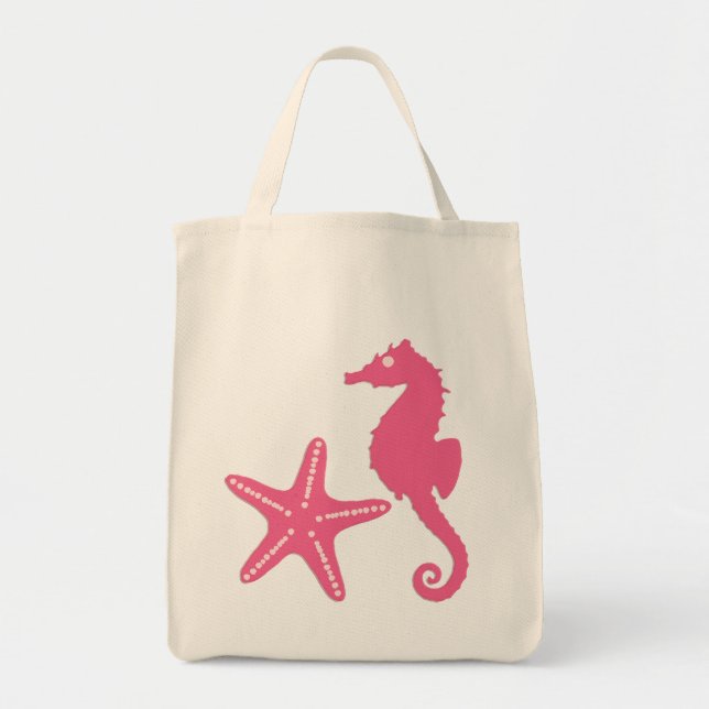 Tote Bag Seahorse & Starfish, rose fuchsia (Devant)