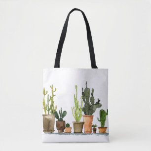Tote Bag Sept cactus d'aquarelle vert dessinés à la main en