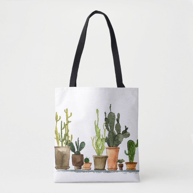 Tote Bag Sept cactus d'aquarelle vert dessinés à la main en (Devant)