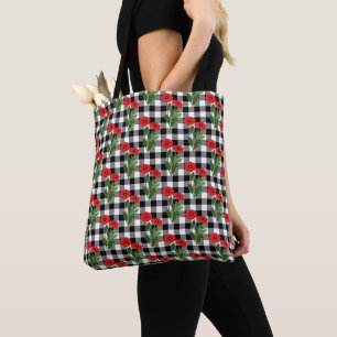 Tote Bag Shabby Chic Red, Black & White Poppies En vichy