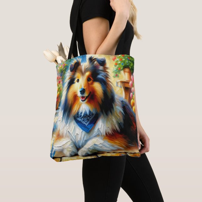 Tote Bag Shetland Sheepdog dans Cottage Garden Scène (De près)
