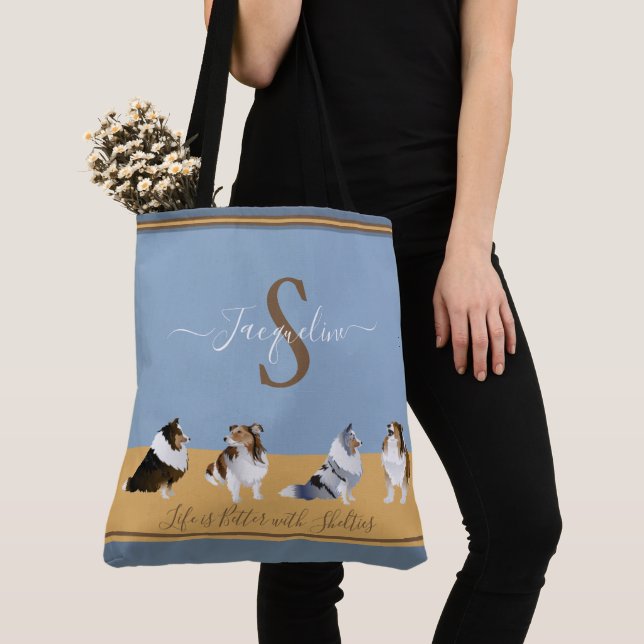 Tote Bag Shetland Sheepdogs, étagères en bleu et jaune (De près)