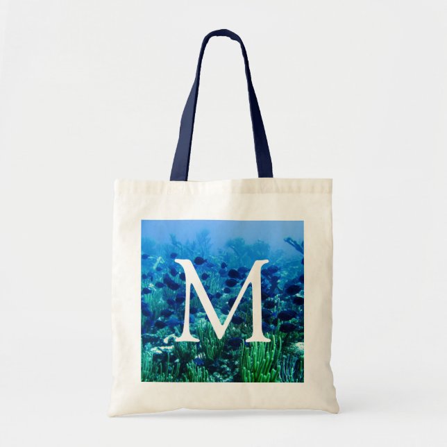 Tote Bag Shoal of Blue Discus Fish Monogramme (Devant)
