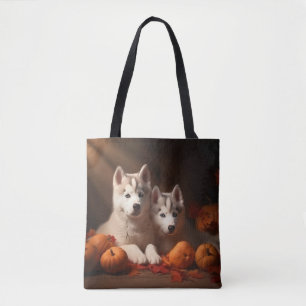 Tote Bag Sibérie Husky Puppy Citrouille d'automne