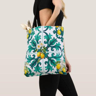 Tote Bag sicilien, été, citron, mosaïque, vert,