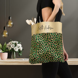 Tote Bag Signature en or vert émeraude du motif léopard